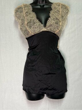 bebe Silk Lace Trim Babydoll Tunic XS Black Nude Adjustable Strap Y2K Coquette